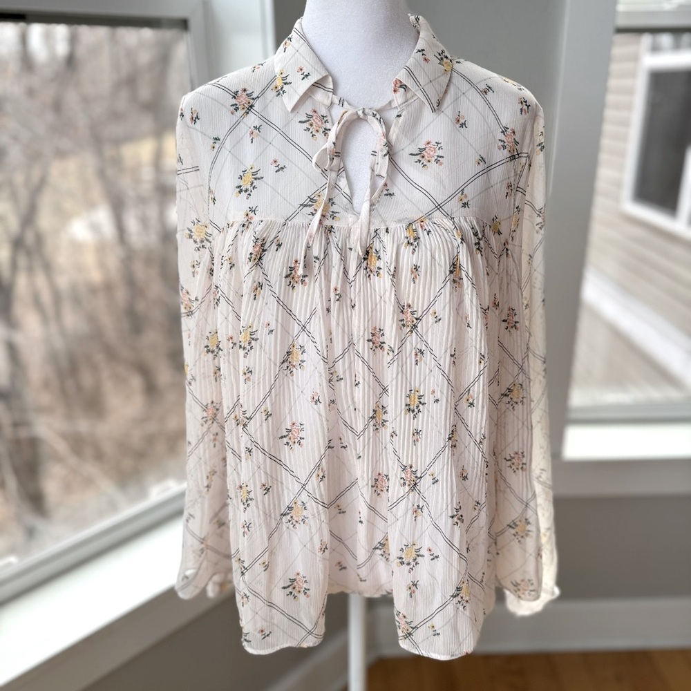 Lauren Conrad White Yellow Floral Sheer Tie Neck Pleated Long Sleeve Blouse XS